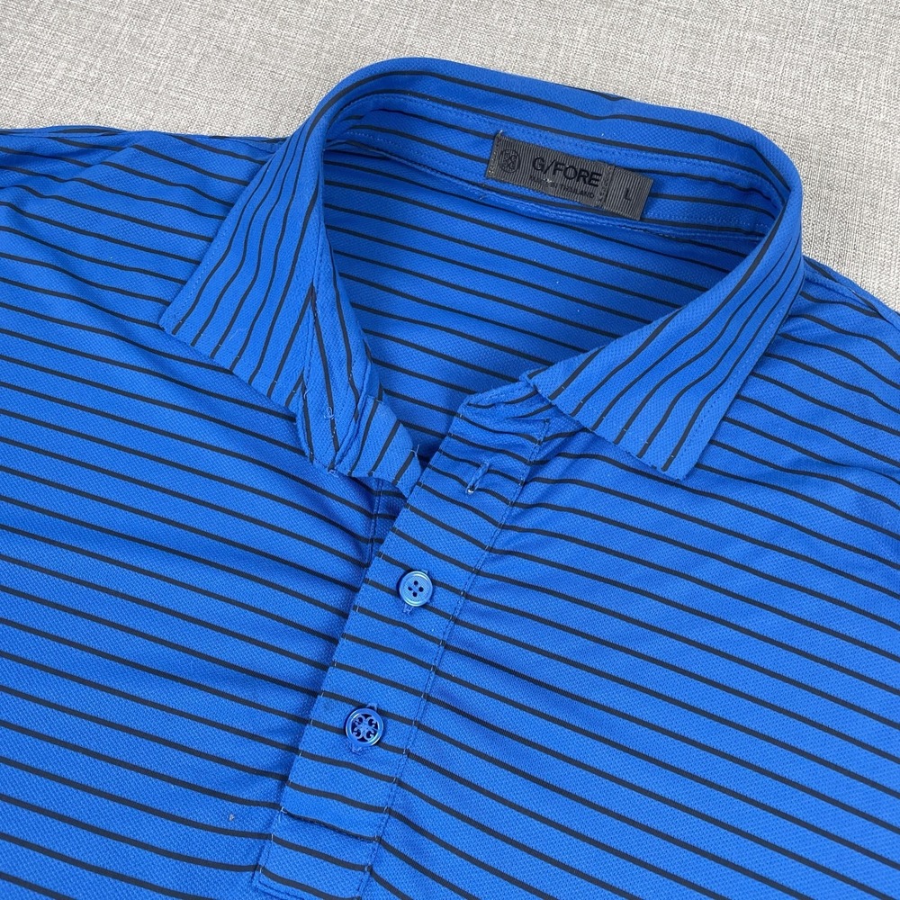 G/FORE Polo Shirt Mens L Blue Striped Stretch Performance Golf Short Sleeve